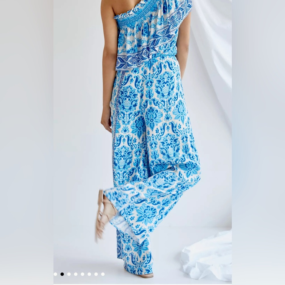 Plenty by Tracy Reese x Anthropologie White and Blue Paisley Wide Leg Pants